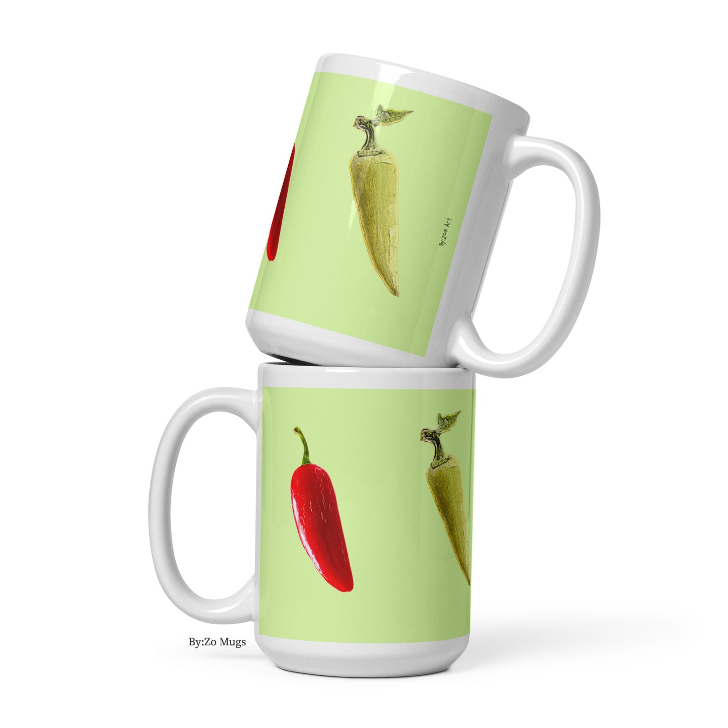 "Peppers" Green Background White Glossy Ceramic Mug - By:Zo