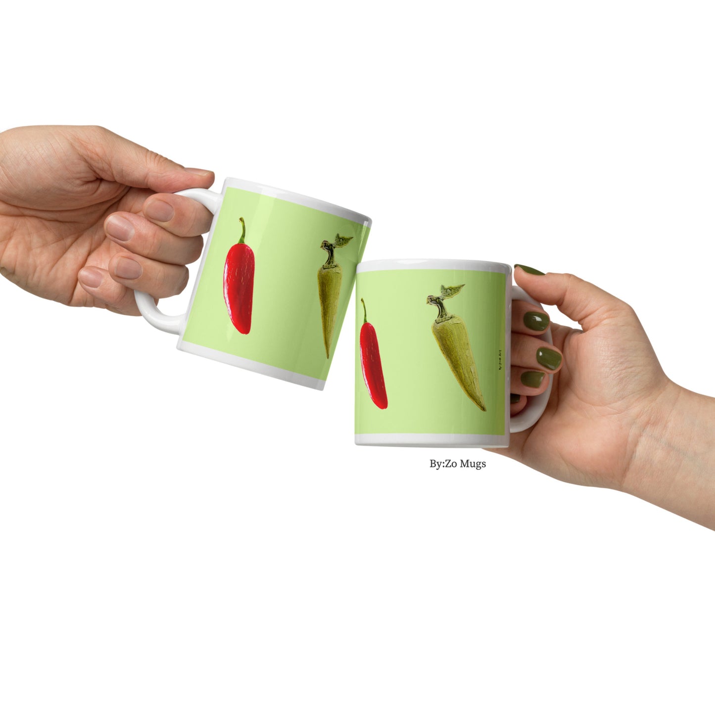"Peppers" Green Background White Glossy Ceramic Mug - By:Zo