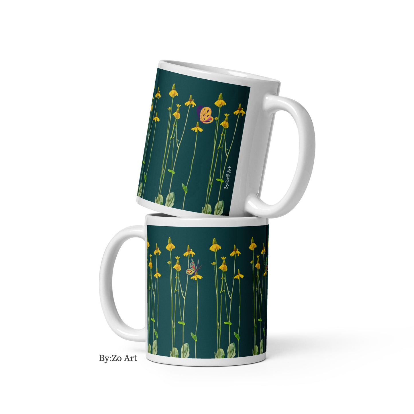 "Daisies and Butterflies" on Green Background Ceramic Mug - By:Zo