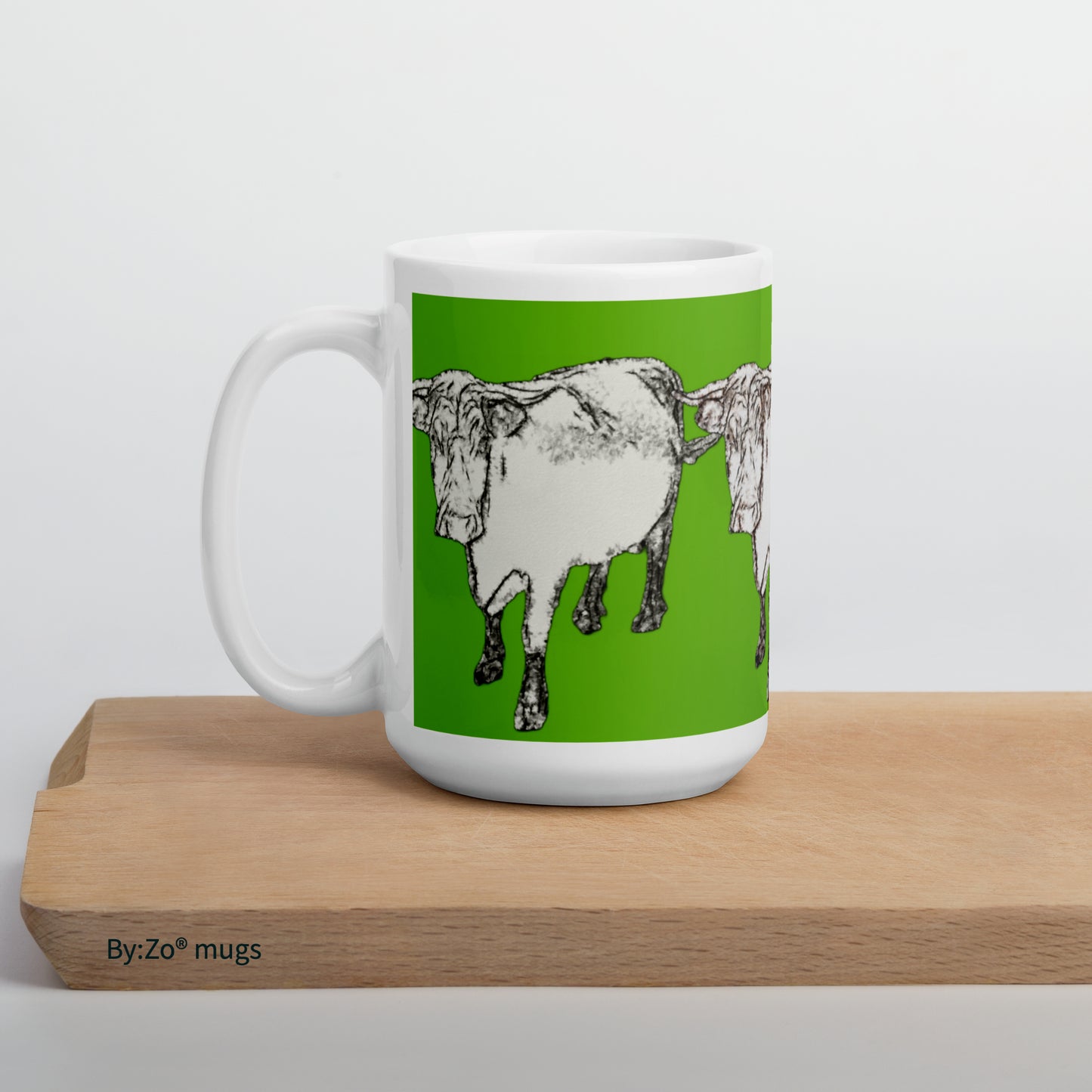 Cow Printed  Green Background White Ceramic Mug Original Photography Art - By:Zo