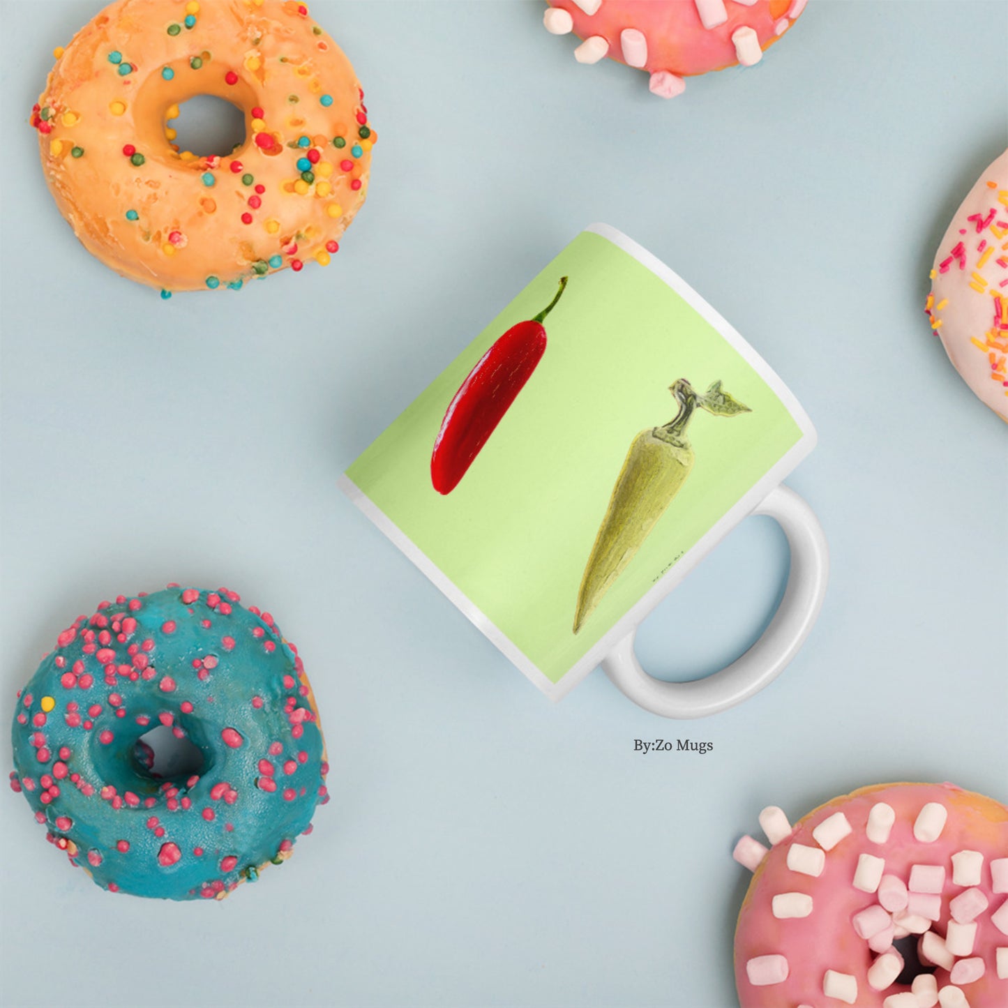 "Peppers" Green Background White Glossy Ceramic Mug - By:Zo