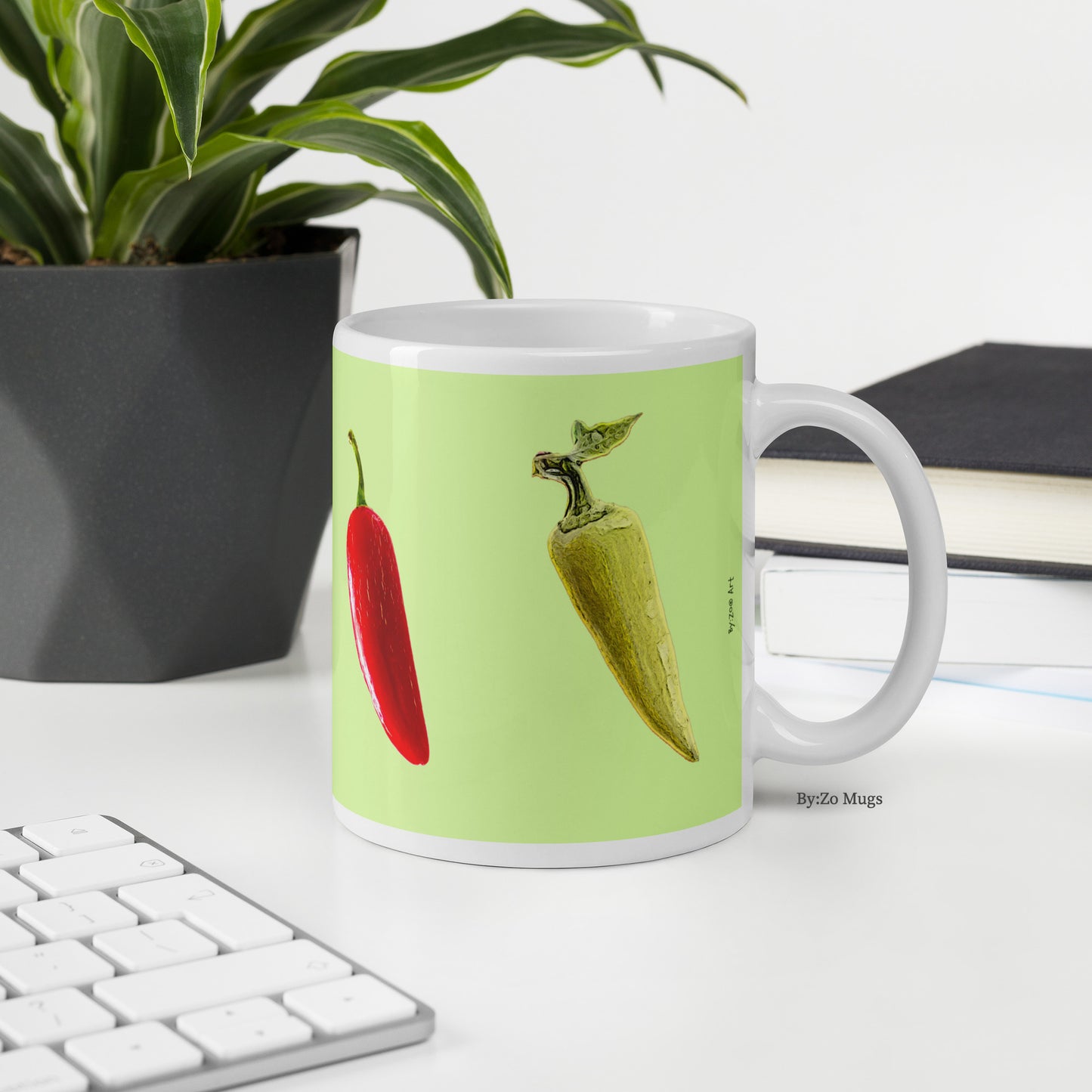 "Peppers" Green Background White Glossy Ceramic Mug - By:Zo