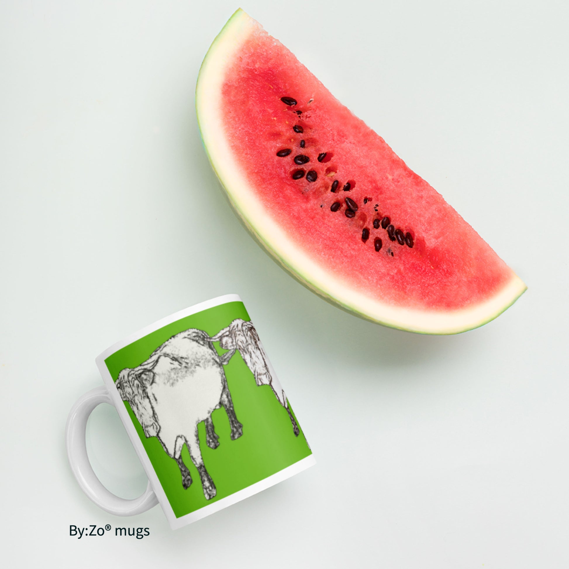Cow Printed  Green Background White Ceramic Mug Original Photography Art - By:Zo