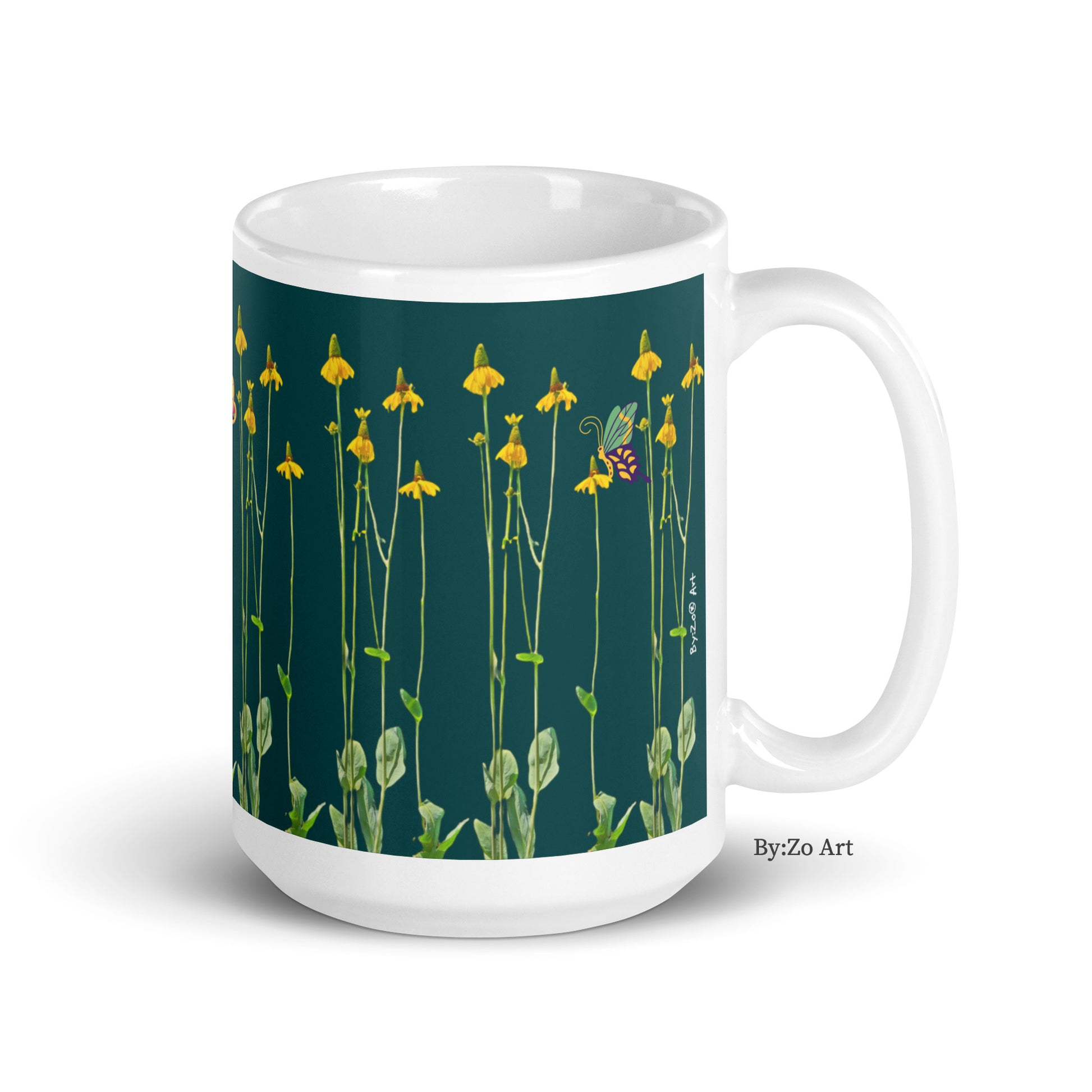 "Daisies and Butterflies" on Green Background Ceramic Mug - By:Zo