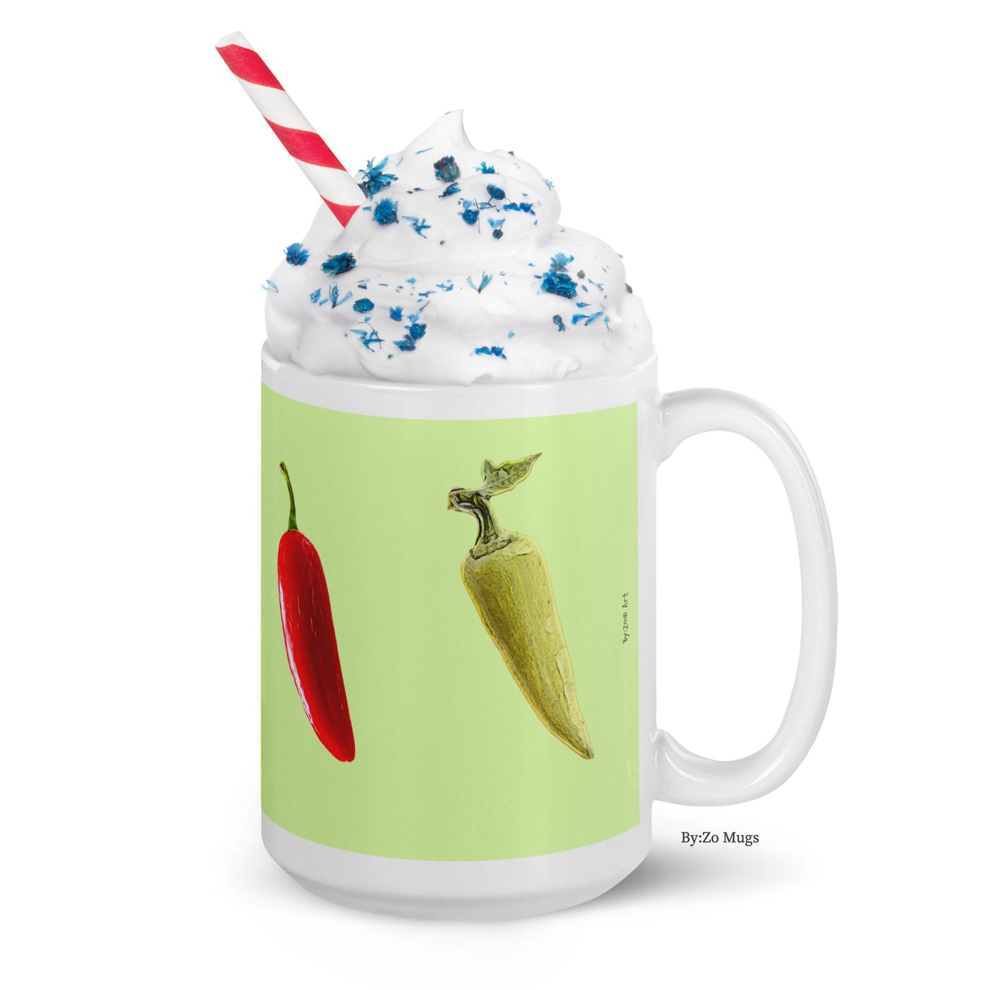 "Peppers" Green Background White Glossy Ceramic Mug - By:Zo
