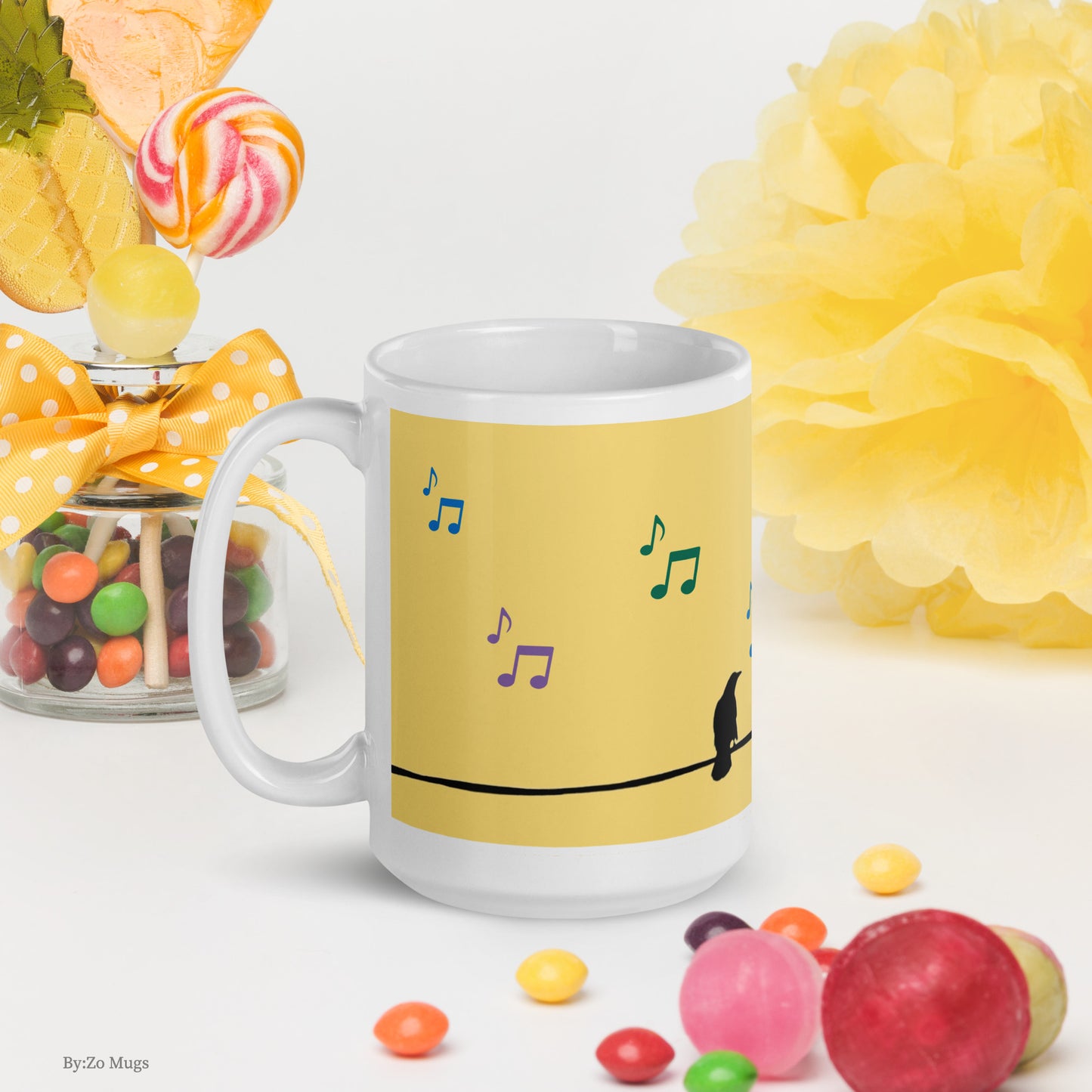 Singing Bird On A Wire Rise and Shine White Ceramic Mug - By:Zo